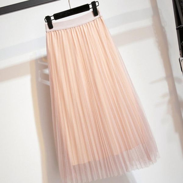 

skirts summer women high waist vintage elastic tulle mesh skirt long pleated tutu ladies saias midi faldas jupe, Black