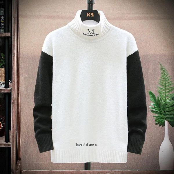 

men's sweaters patchwork knitted sweater mens 2021 winter o-neck pullover letter embroidery streetwear harajuku warm casual, White;black