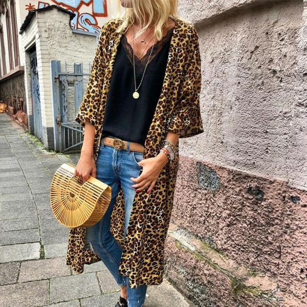 

brand new women's jackets ladies loose long sleeve cardigan print leopard kimono coat loose long autumn fashion 2021, Black;brown