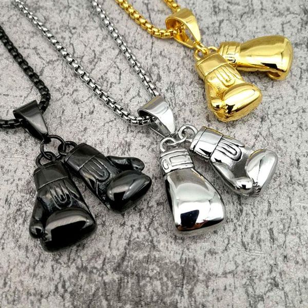 

pendant necklaces hip hop iced out pair boxing glove pendants for men stainless steel chain male hippie jewelry necklace, Silver