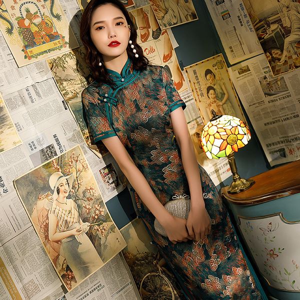 

printed satin female broadside long qipao elegant mandarin collar cheongsam wedding party dress gown vestidos, Red