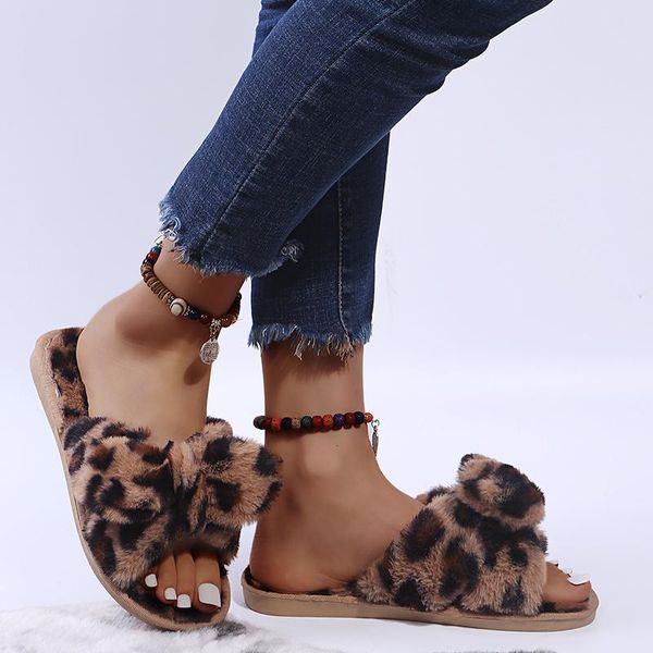 

slippers faux fur leopard print bow decoration shoes zapatos mujer sandals women winter for woman home, Black