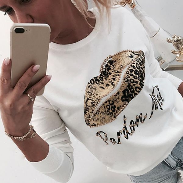 

long sleeve women blouse and shirt autumn lips letter printed white ladies blouse for female shirt o neck beading d30