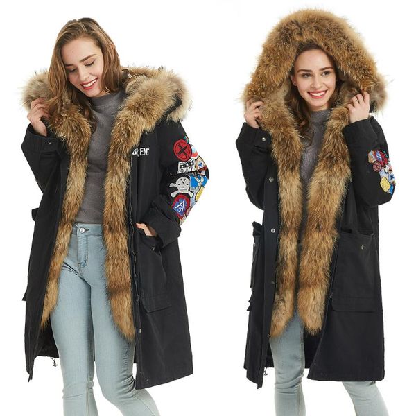 

women's fur & faux 2021 winter black cartoon embroidered parkas coat with raccoon dog collar long hood women warm thick clothes jackets