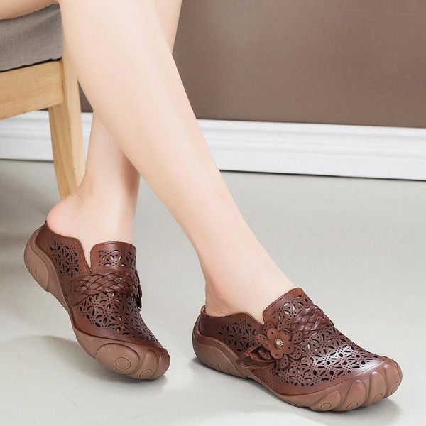 

women leather slippers embroidery high heel mule summer shoes for women handmade genuine leather flower slipper white shoe, Black