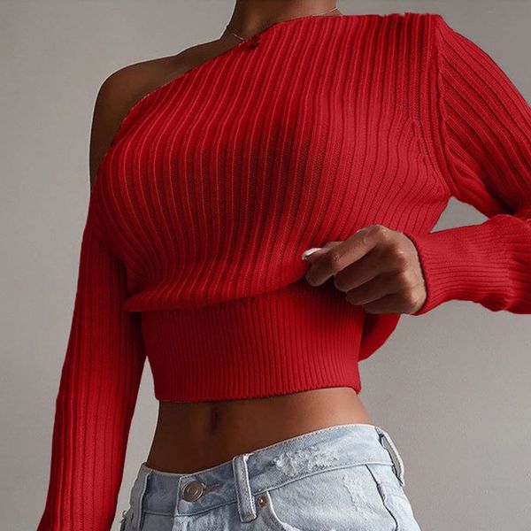 

autumn winter women sweaters solid color long sleeve off shoulder sweater for women knitted pullovers women short sweaters, Gray