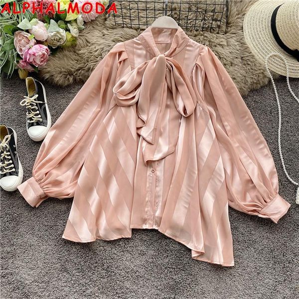 

alphalmoda 2021 autumn new lantern sleeve striped women fashion chiffon blouse bow collar loose all matching ladies chic shirt, White