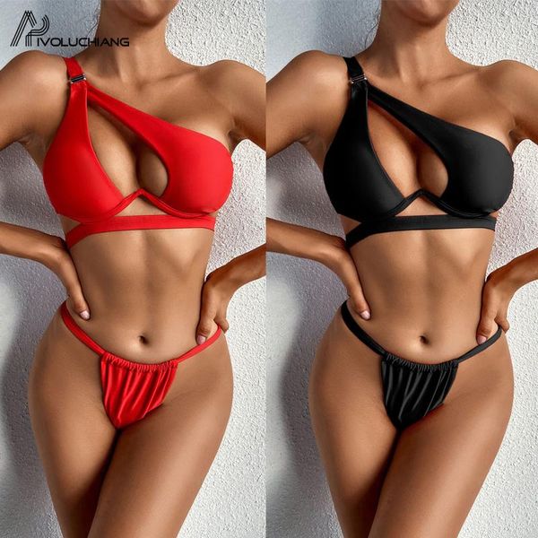 

new women solid one shoulder two piece bikini sets push up hollow out padded swimsuit thong bikini beachwear female bather