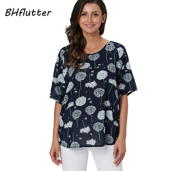

women's blouses & shirts bhflutter blouse women style dandelion print 100% cotton summer short sleeve casual chemise femme 2021, White