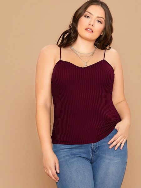 

plus solid rib-knit slim cami v8qw#, Black