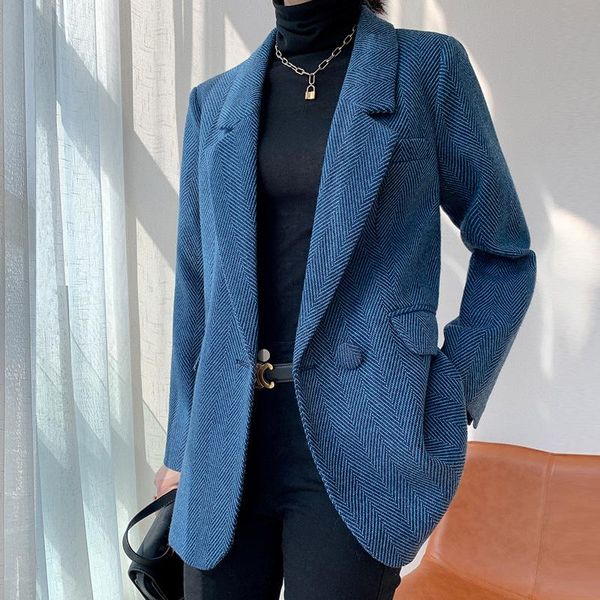 

blue woolen jacket female autumn and winter new leisure all-match british style temperament blazer coat, White;black