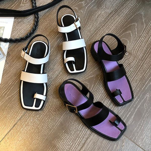 

sandals gladiator women ankle buckle strap retro summer square toe ladies roman flat shoes casual vacation outside wear handmade, Black