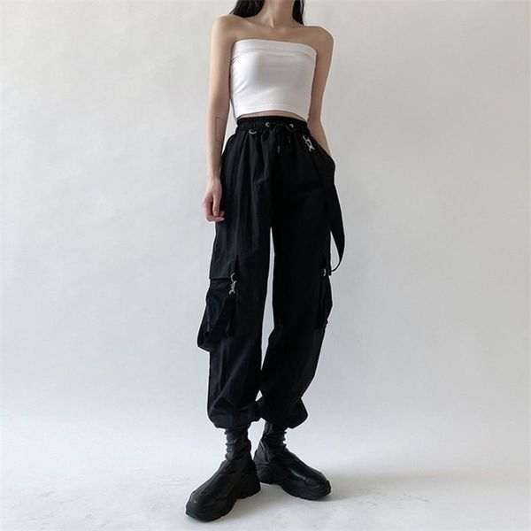 

qweek goth cargo pants women punk s harajuku high waist oversize detachable strap casual trousers emo techwear 211115, Black;white