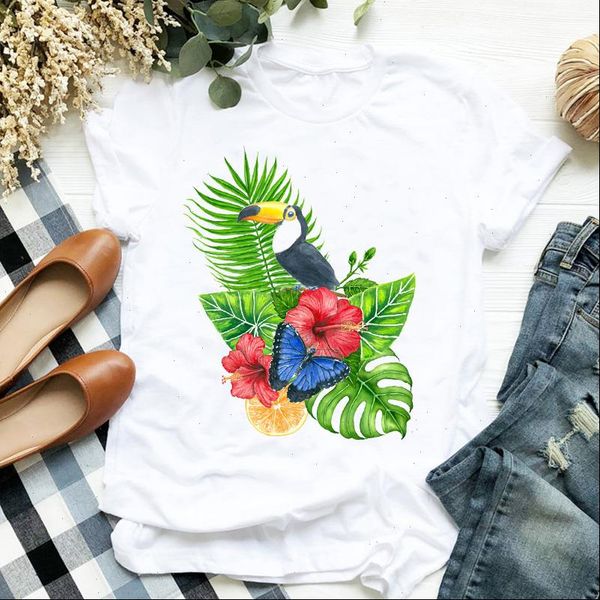 

women lady beach flower bird short sleeve 90s cartoon print ladies t tee tshirt womens shirt clothes female graphic t shirt, White