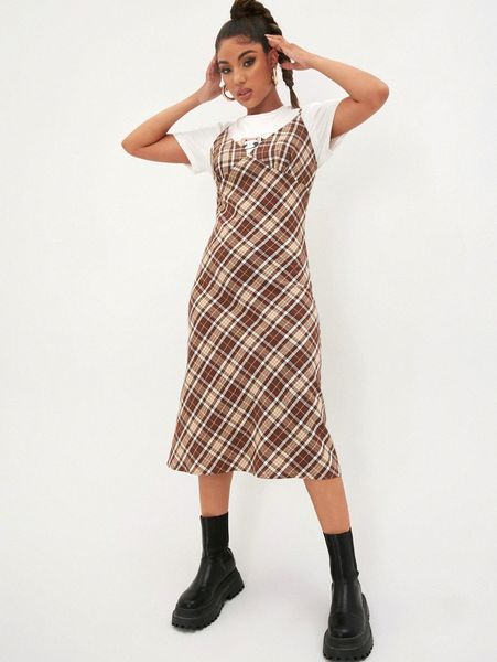 

tartan print cami dress without tee v0et#, Black;gray
