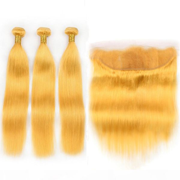 

indian virgin human hair yellow straight weaves with lace frontal closure 13x4 colored yellow 3pcs bundles deals with full lace frontal, Black;brown