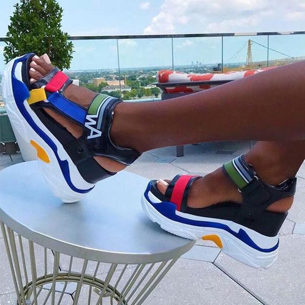 

dress shoes hook loop sandals women wedges 2021 platform female mix color ladies thick bottom buckle strap footwear fashion, Black