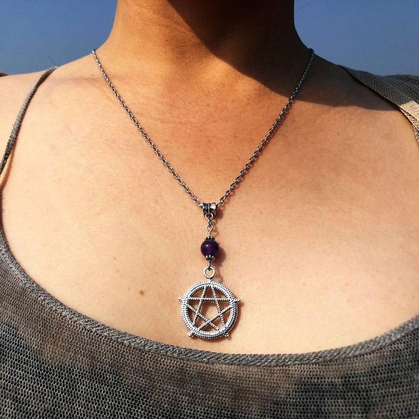 

pendant necklaces overseas mysterious pagan sweater chain witchcraft gothic pentagram natural stone necklace, Silver