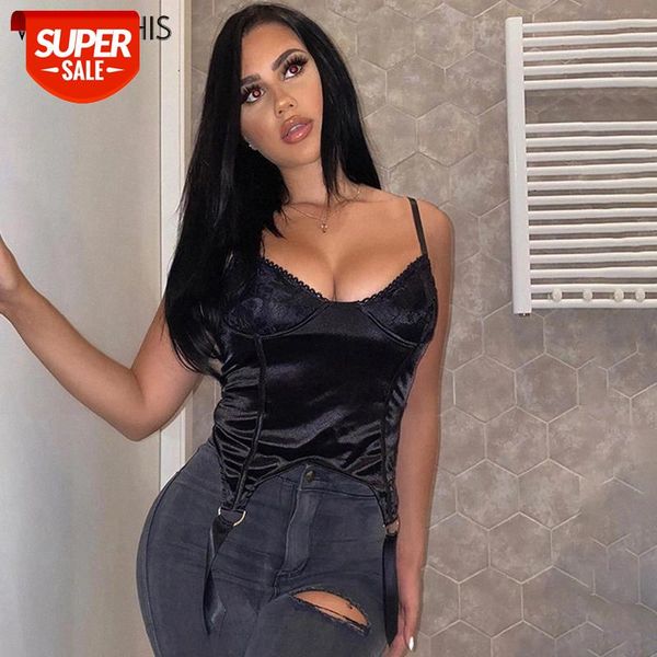 

wannathis spaghetti strap sleeveless lace crop women's hem assymmetric streetwear summer black casual tank women #nb2i, White