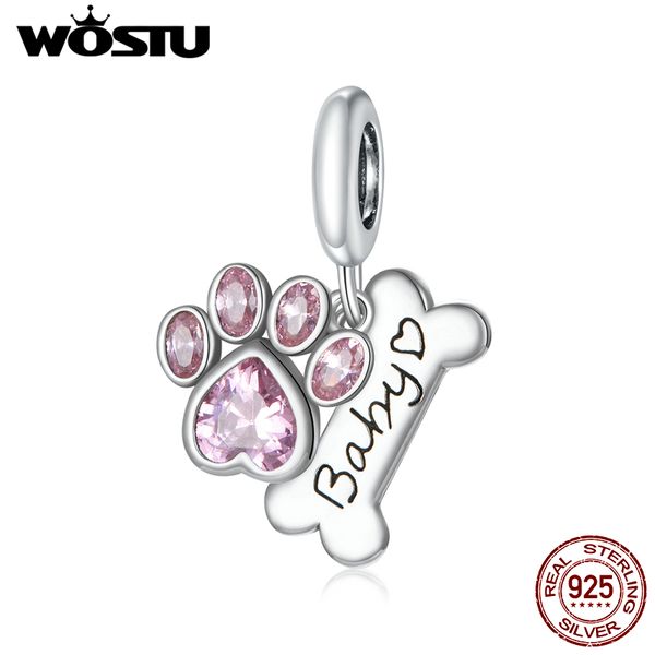 

wostu real 925 sterling silver dog paw footprint bead pink zircon bone charm fit original bracelet pendant jewelry cqc1680 q0531, Black