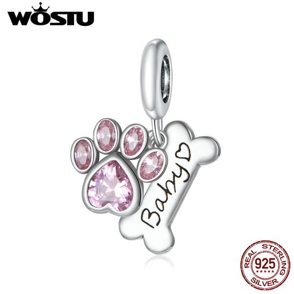 WOSTU Real 925 Sterling Silver Dog Paw Footprint Bead Pink Zircon Bone Charm Fit Original Bracciale Ciondolo Gioielli CQC1680 Q0531