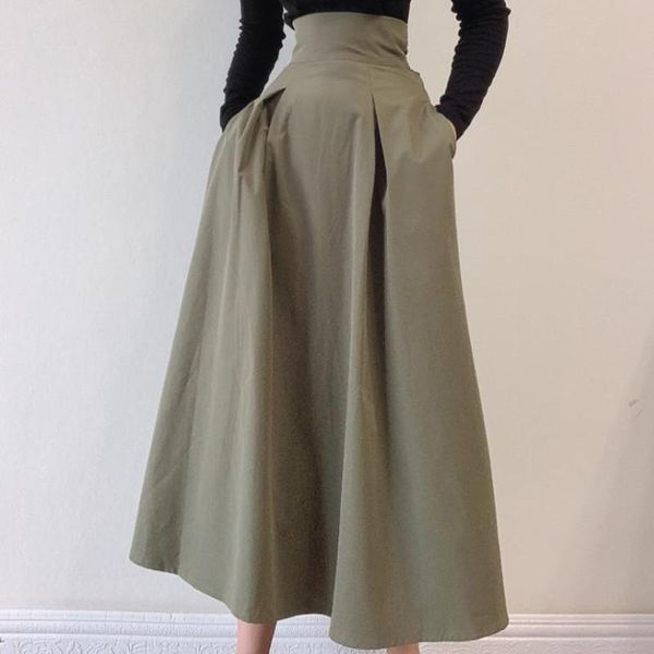

skirts hzirip army green high waist maxi skirt 2021 autumn winter women bottoms ol fashion elegant solid a-line long womens, Black