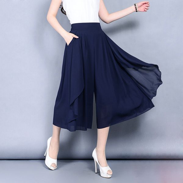 

female chiffon skirt pants women's summer wide leg calf-length trousers thin high waist loose office lady plus size capris pants y19070, Black;white