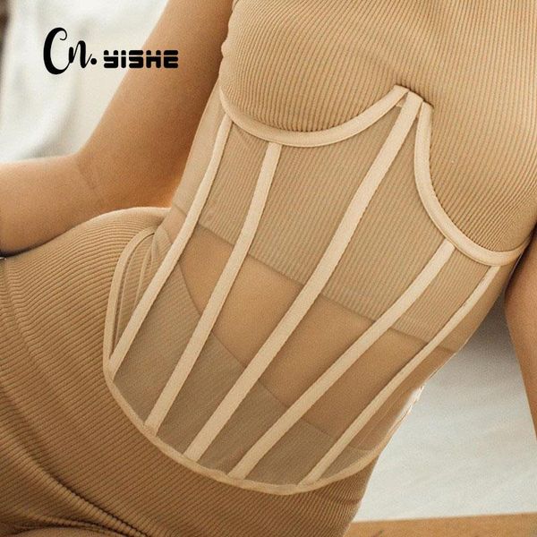 

cnyishe fashion mesh sheer breasted corset for women tanks skinny bandage lace up bustier female streetwear vest, White