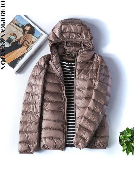

women's ultra light white duck down hoodie, long sleeve warm coat, portable outdoor parker, new winter series, Black