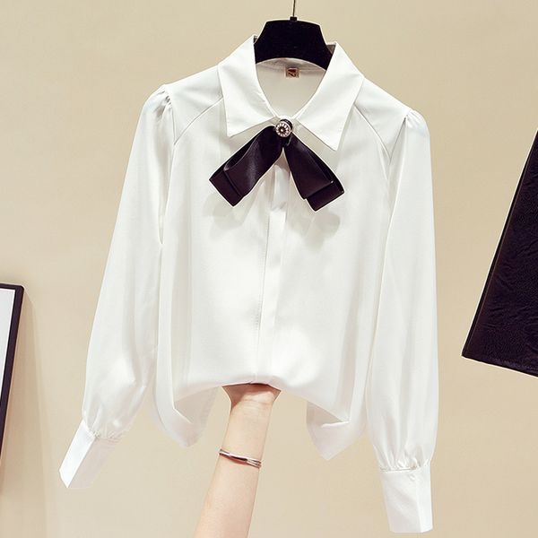 

women long sleeve casual shirts white blouse bow turn down collar office chiffon shirt blusas mujer de moda solid 2021