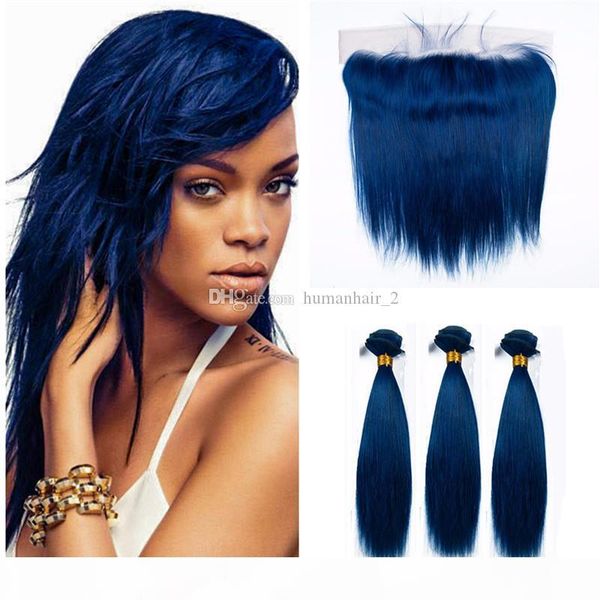 

brazilian human virgin hair straight blue hair 3 bundles with lace frontal closure cosplay human hair weaves with straight blue lace frontal, Black;brown