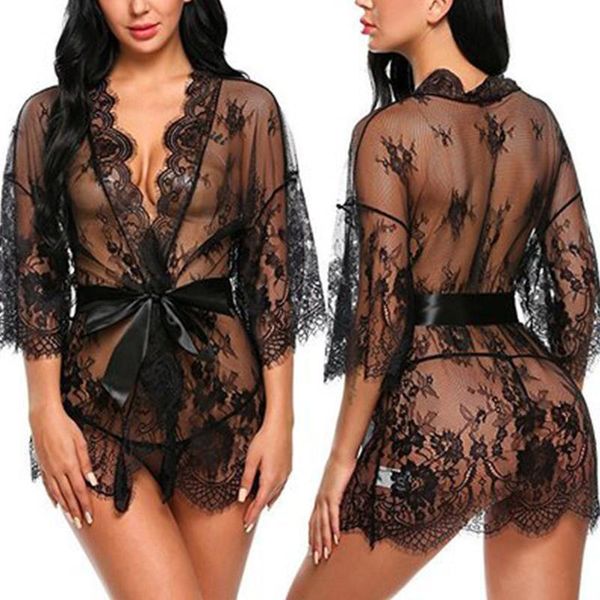 

women's sleepwear women lace babydoll erotic porno lingerie transparent v-neck nightwear robes g-string set costume, Black;red
