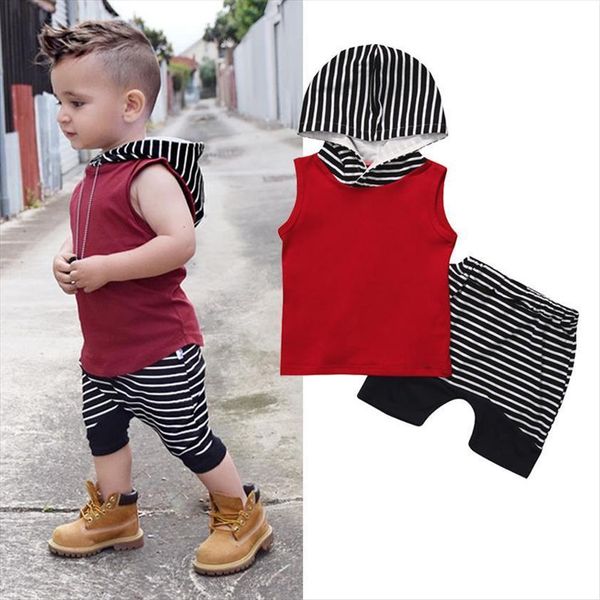 

summer baby boy clothes sleeveless hooded striped shorts pant 2pcs outfits toddler kids clothing set, White