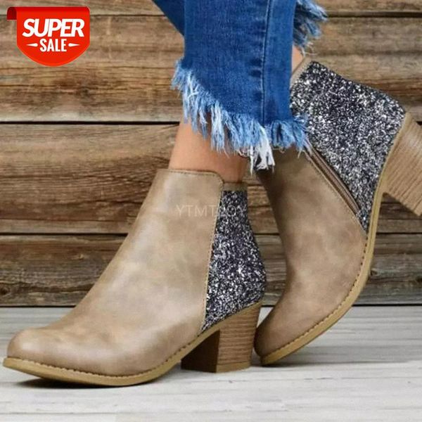 

woman ankle boots ponited toe shoes autumn winter patchwork sequined booties square heel for zapatos de mujer botas mujer #vk4q, Black