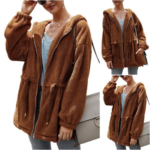 

womenn winter soft fleece coat autumn warm drawstring long sleeve pocket caramel solid color coat outwear hoodies, Black;brown