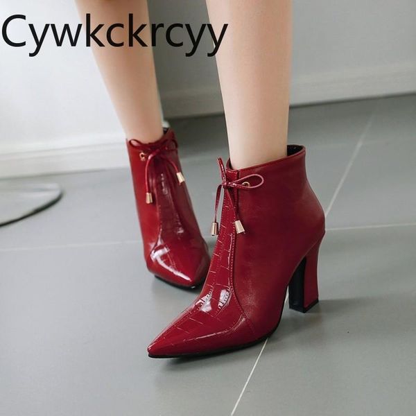 

boots winter the fashion pointed side zipper thick heel women red sweet bow plus velvet keep warm high, Black