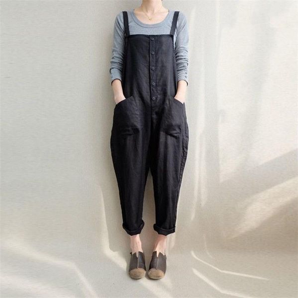 

women's jumpsuits & rompers casual style cotton 2 colors solid linen button pocket fashion jumpsuit long trousers plus size s-3xl, Black;white