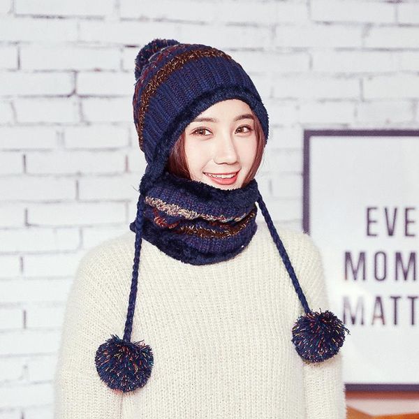 

beanie/skull caps winter knitted hat scarf set women twist three fur ball ear protection wool thermal for striped warm, Blue;gray