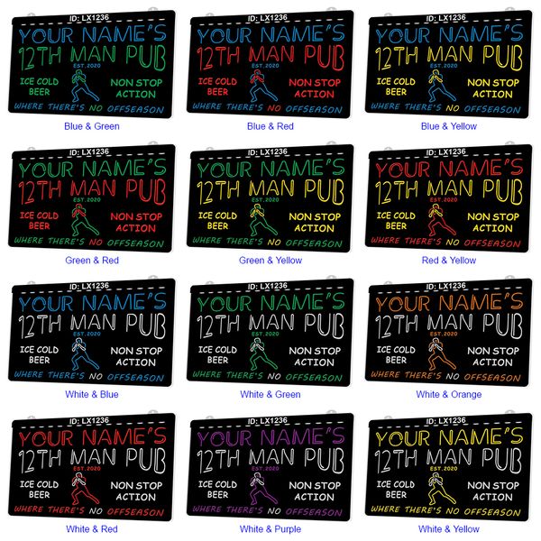 LX1236 Your Names 12th Man Pub Birra ghiacciata Non Stop Action Light Sign Dual Color 3D Engraving