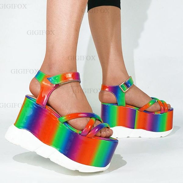 

dress shoes gigifox 2021 for dropship brand platform fashion rainbow color leopard summer chunky high heels wedges women sandals, Black