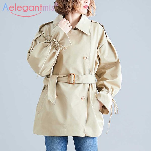 

aelegantmis oversize women trench coat fashion loose khaki cropped windbreaker overcoat with belt ladies coats quality 210607, Tan;black