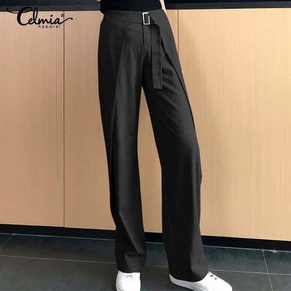

elegant women office trouser celmia 2021 fashion causal loose formal pants solid high waist formal pants straight pantalon belt, Black;white