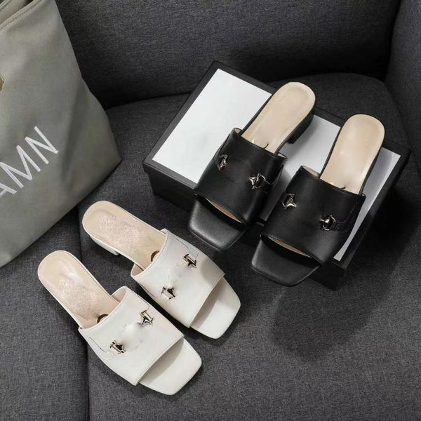 

2021 women's fashion short heel slippers shoe girls casual summer outdoor beach lady soft leathe slides black white big size 35-42 10us