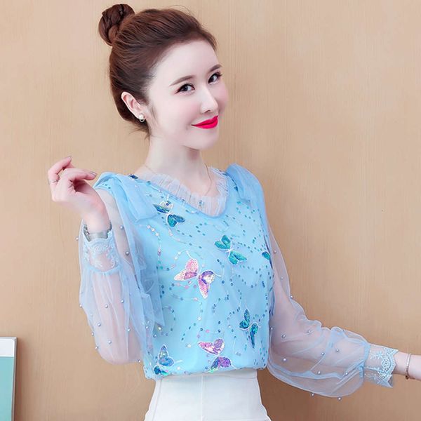 

lace bottomed blouse women's long sleeve mesh 2021 spring new high-end lady dress with chiffon shirt, White
