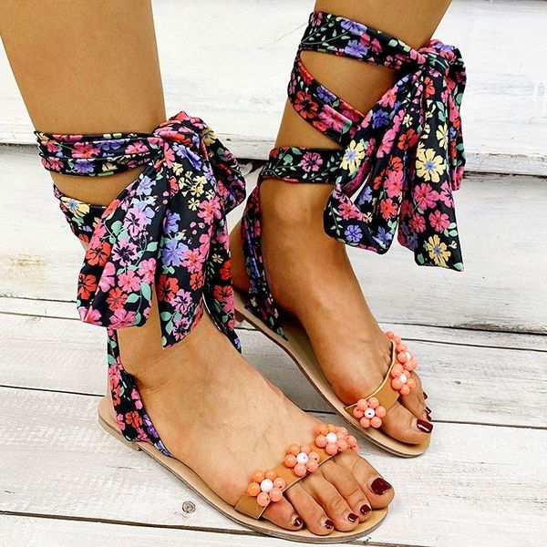 

bonjomarisa female retro bohemia sandals flower open toe flat sandasl women ankle strap casual beach fashion vintage shoes woman, Black