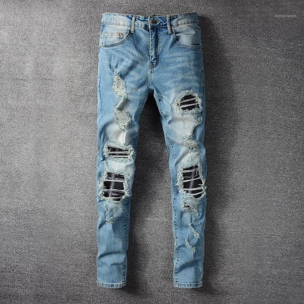 

high street stacked jeans men destroyed pleated knee pu patchwork fashion brand hip hop slim fit motor biker men's, Blue