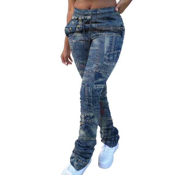 

women's pants & capris women patchwork long trousers imitation denim elastic drawstring clothing fashion casual female, Black;white
