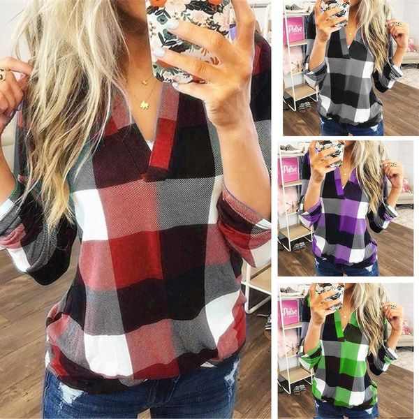 

women's t-shirt printed v-neck long sleeve spring and autumn plaid fashion, White