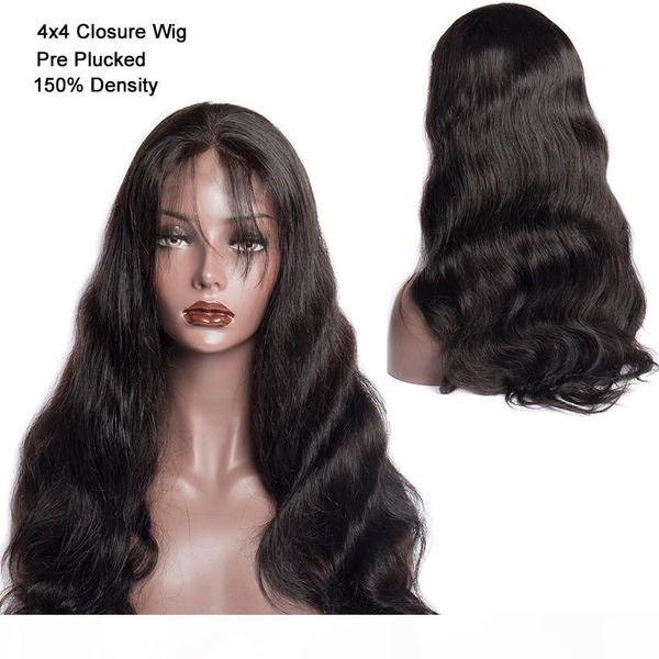 

4x4 closure wig brazilian body wave wig pre plucked remy 150% density glueless lace front human hair wigs for black women, Black;brown