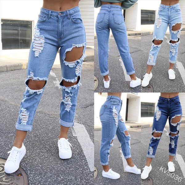 

summer fashion ripped high waist women jean pants pocket draw back trousers slim straight street personality, Blue